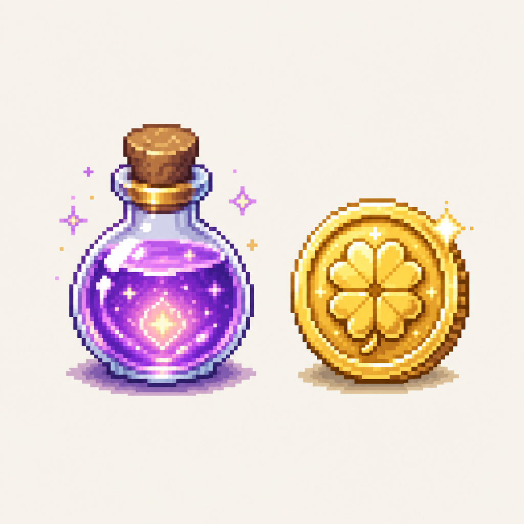 Magic potion and lucky coin pixel objects